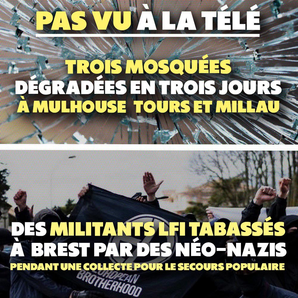 En haut : la verrière de la grande mosquée de Tours brisée. En bas : des militants néo-nazis paradent dans les rues en levant le bras.