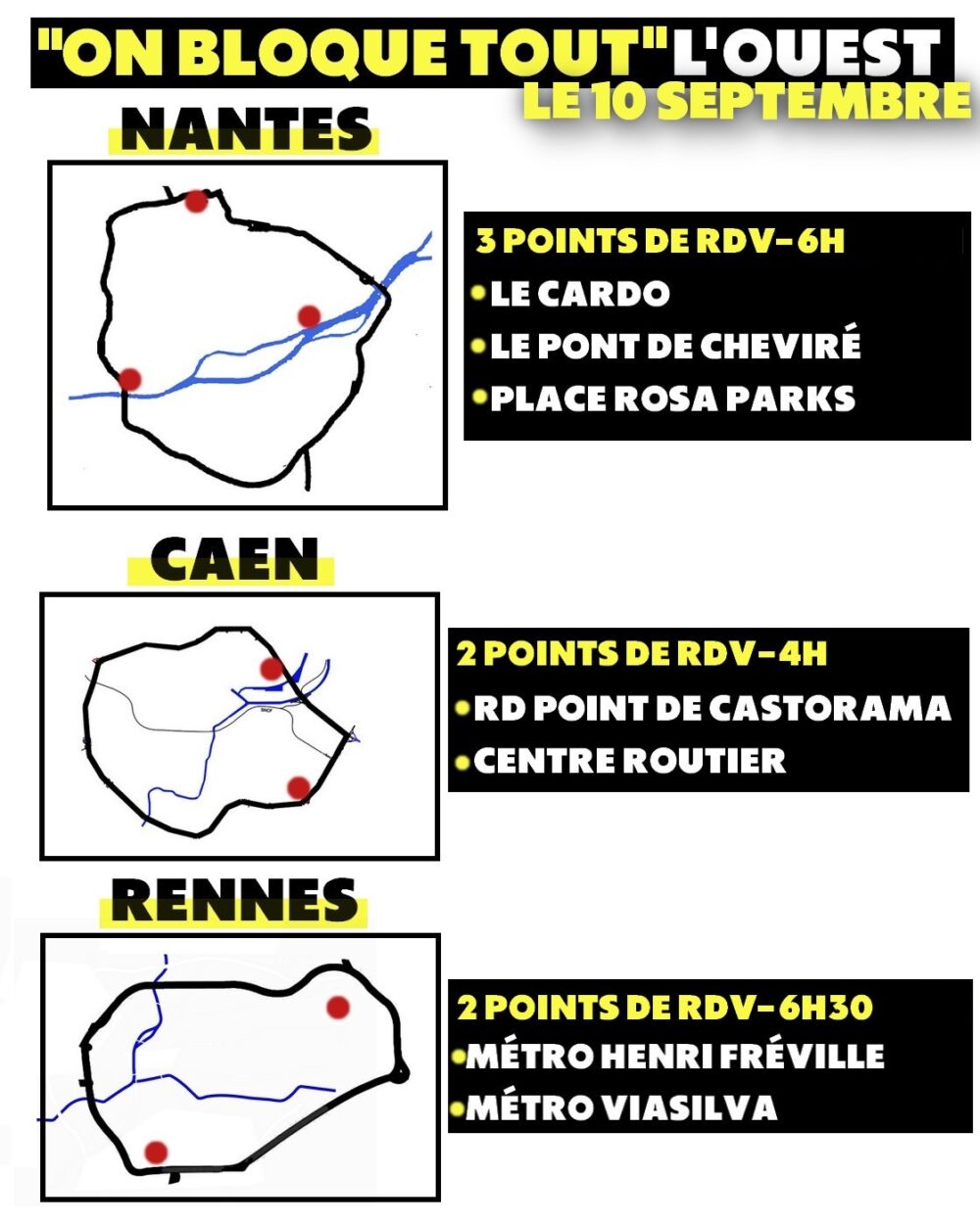 Carte des blocages du 10 septembre prévus à Nantes, Rennes et Caen : l'ouest particulièrement mobilisé.