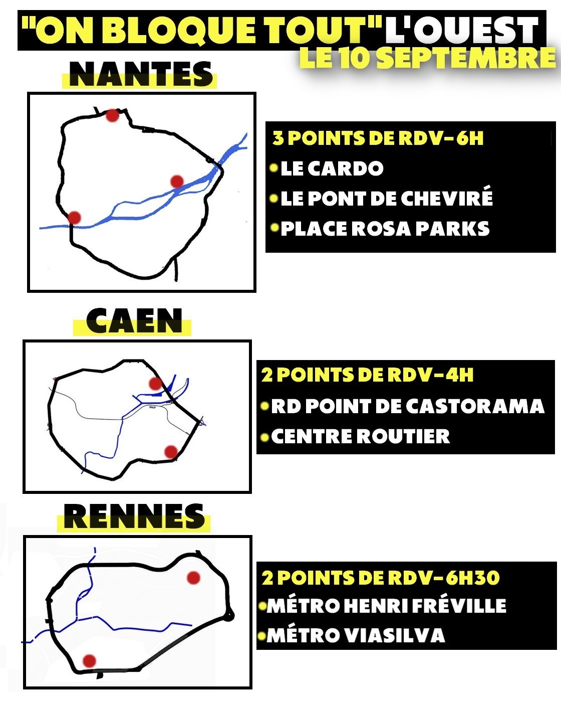 Carte des blocages du 10 septembre prévus à Nantes, Rennes et Caen : l'ouest particulièrement mobilisé.