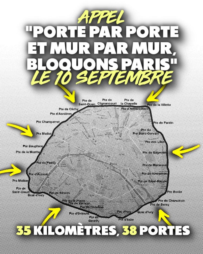 Carte du périphérique parisien et ses 38 portes : 35 km de route à bloquer intégralement le 10 septembre.