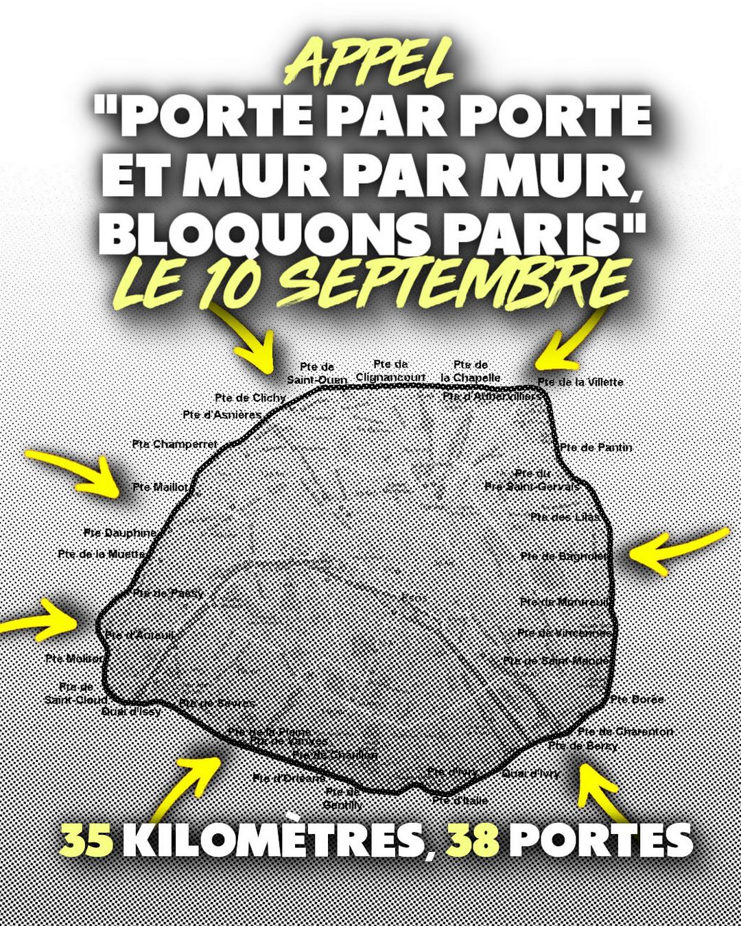 Carte du périphérique parisien et ses 38 portes : 35 km de route à bloquer intégralement le 10 septembre.