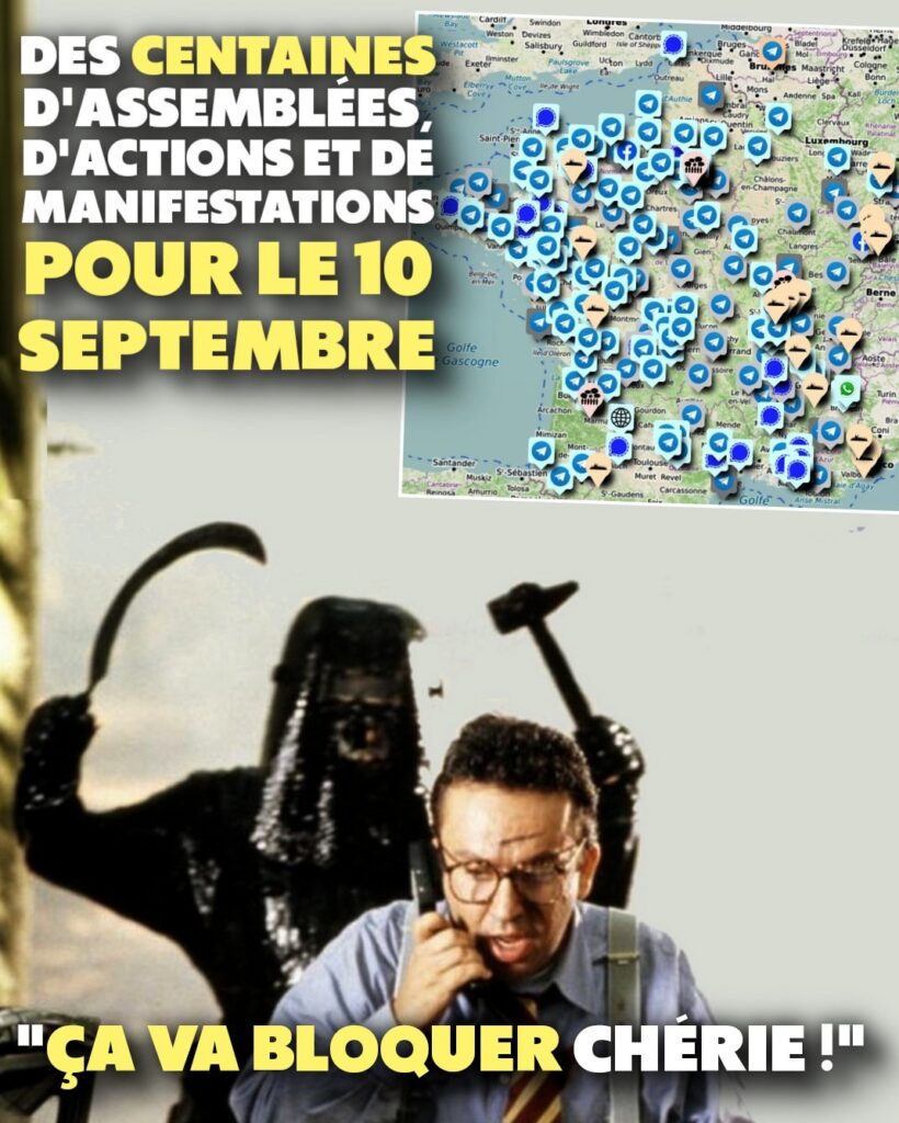 La fameuse scène du film "La cité de la peur" où un personnage menacé de mort indique au téléphone que "ça va trancher chérie", face à une carte de France énumérant les assemblées populaires préparant le 10 septembre.