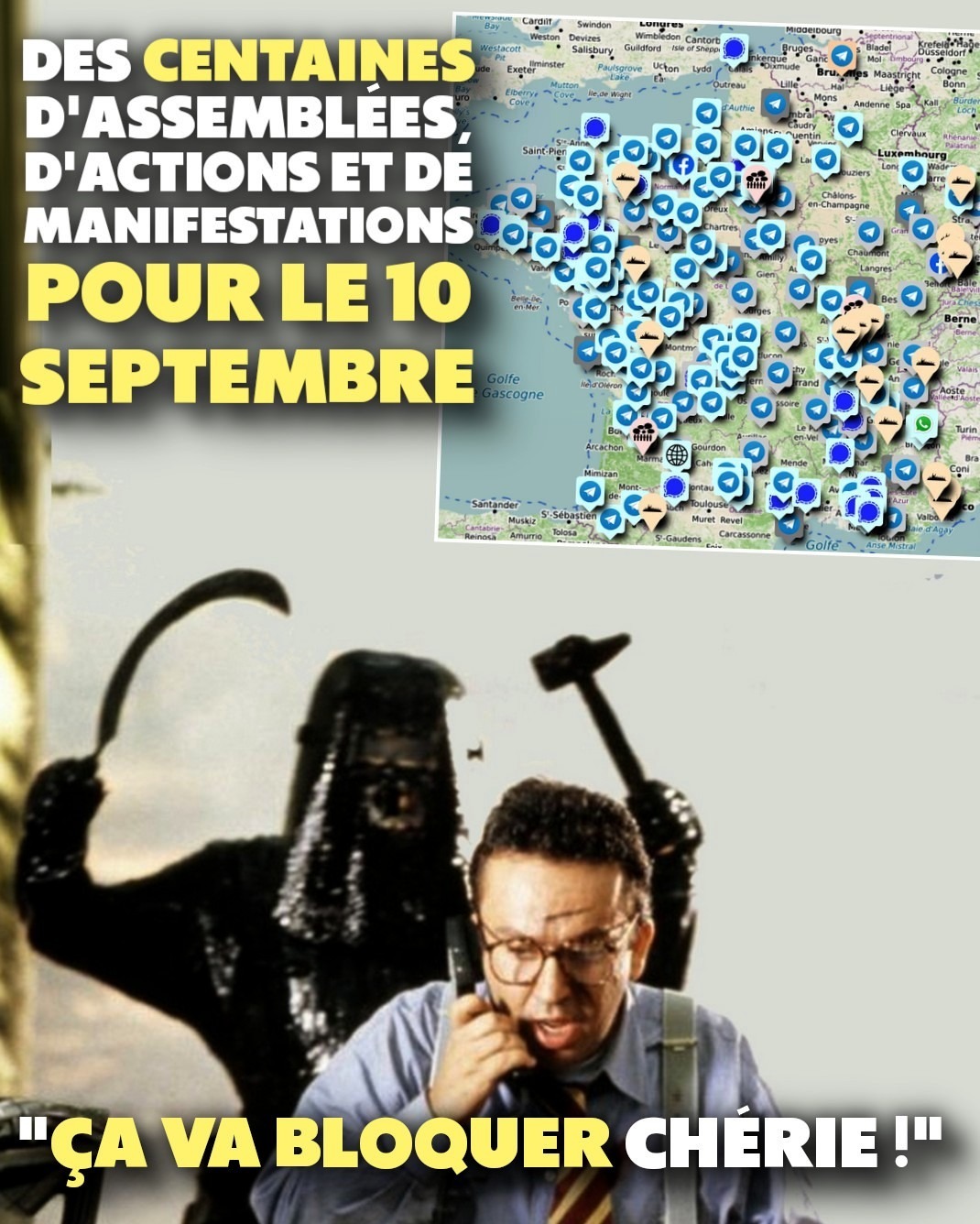La fameuse scène du film "La cité de la peur" où un personnage menacé de mort indique au téléphone que "ça va trancher chérie", face à une carte de France énumérant les assemblées populaires préparant le 10 septembre.