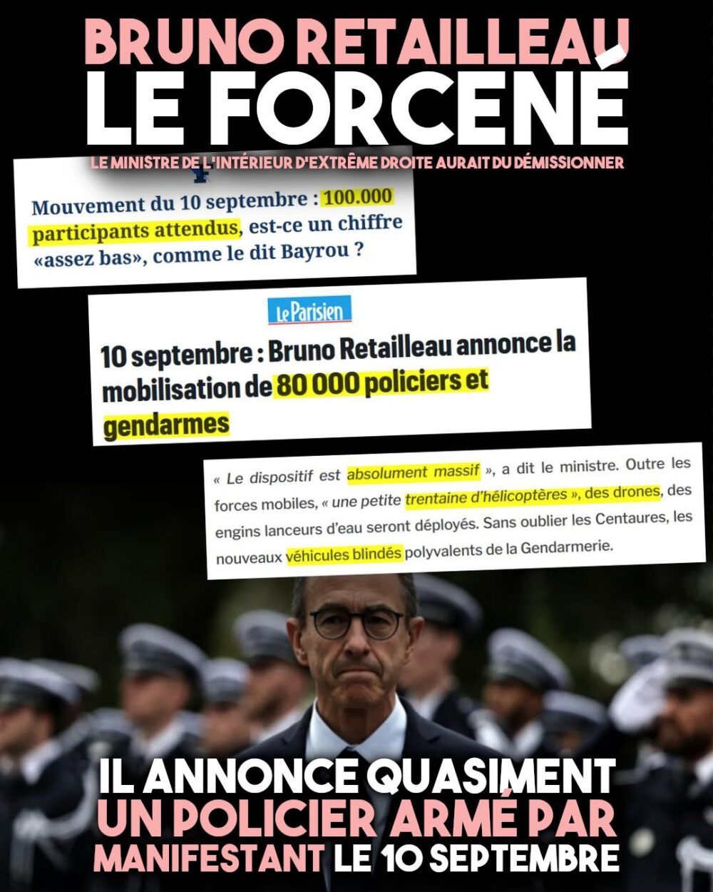 Bruno Retailleau annonce 80000 policiers pour réprimer le mouvement "bloquons tout", alors que le chef du gouvernement démissionnaire s'annonce "serein".
