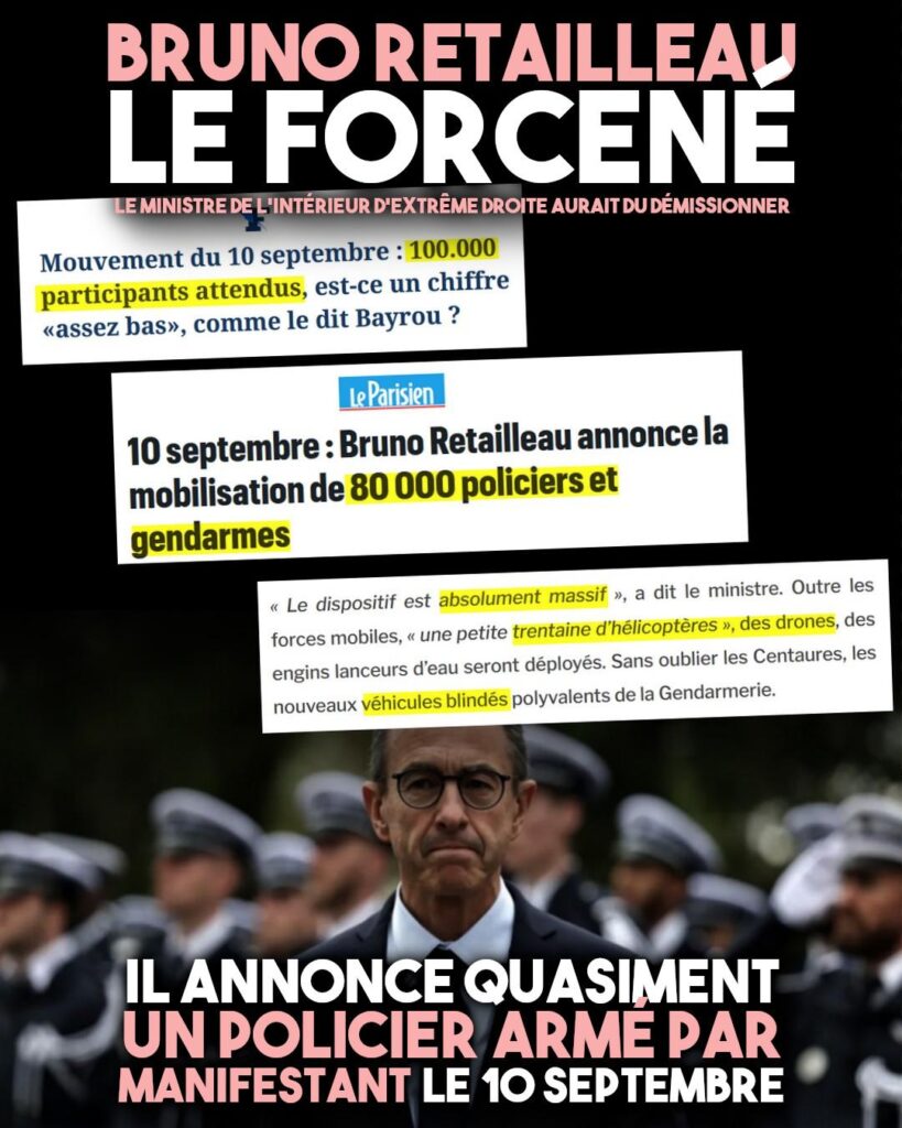 Bruno Retailleau annonce 80000 policiers pour réprimer le mouvement "bloquons tout", alors que le chef du gouvernement démissionnaire s'annonce "serein".