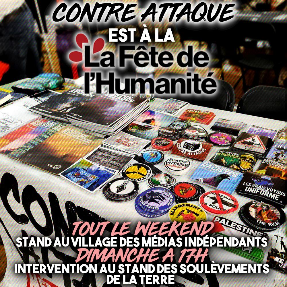 Le stand de Contre Attaque à la Fête de l'Huma' propose des revues et stickers pour soutenir notre média.