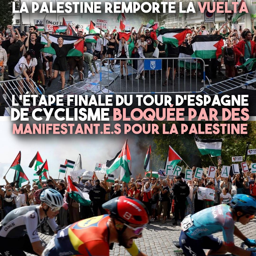 Sur le parcours de la Vuelta, la foule fait tomber des barrières et brandit des drapeaux palestiniens.