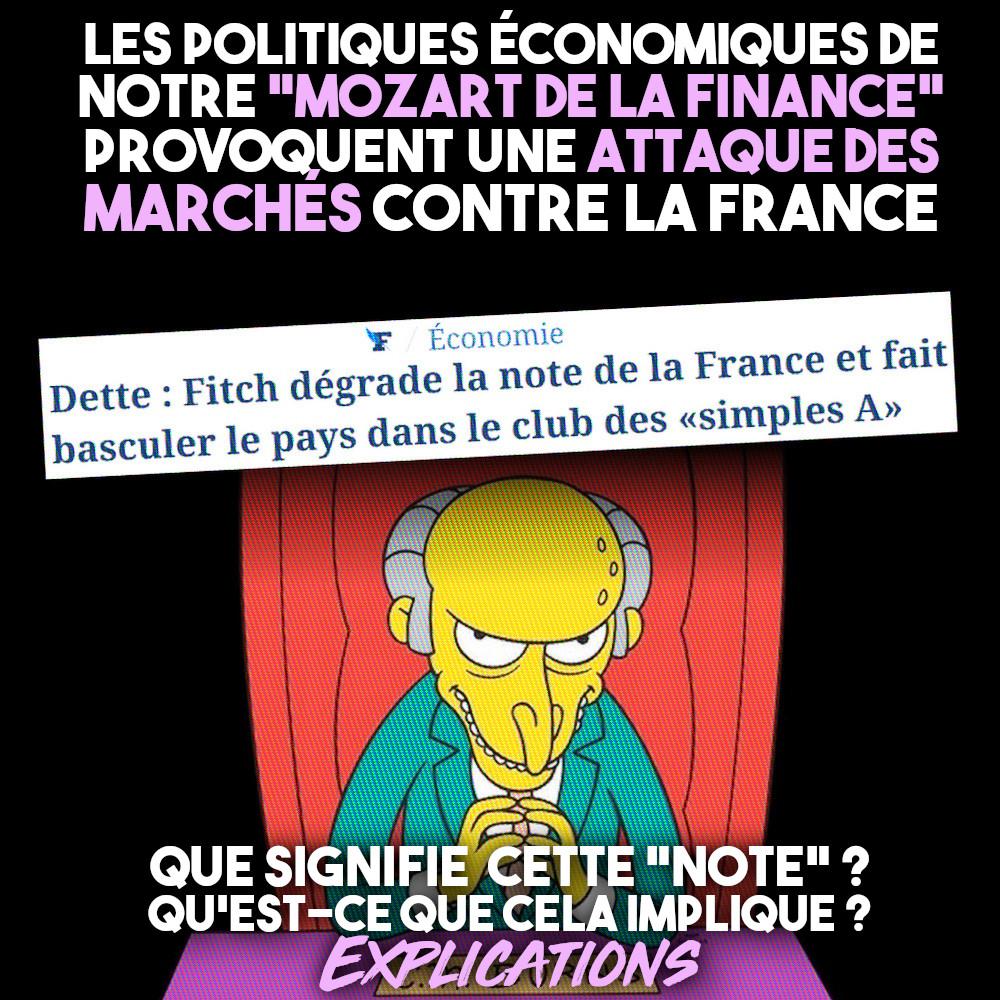 Mr Burns, le seul vrai "Mozart de la finance", se frotte les mains face à la baisse de la note de la France après des années de macronisme.