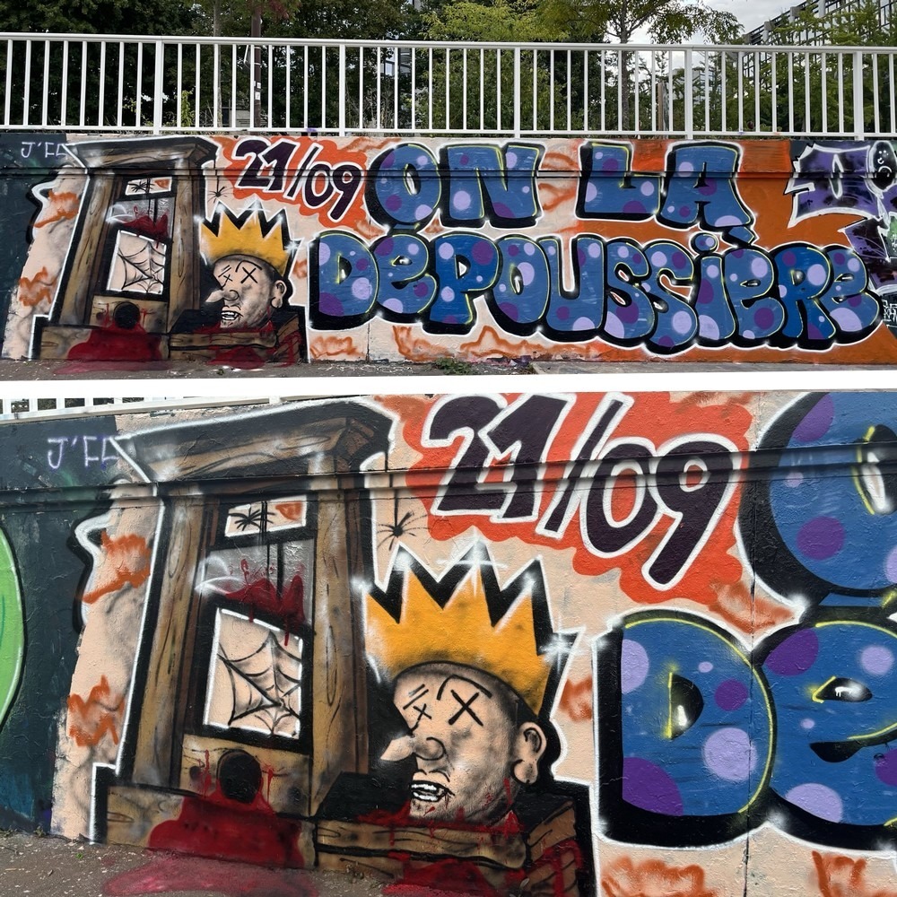 La tête couronnée de Macron repose à côté d'une guillotine, avec l'inscription "21/09 On la dépoussière" : c'est la nouvelle fresque apparue à Nantes