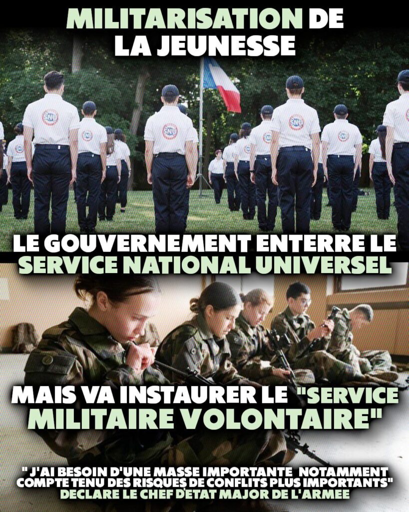 Deux images du SNU où des jeunes se tiennent au garde-à-vous devant le drapeau français tandis que d'autres nettoient des fusils militaires : ce sera bientôt pire pour la jeunesse avec le "service militaire volontaire"