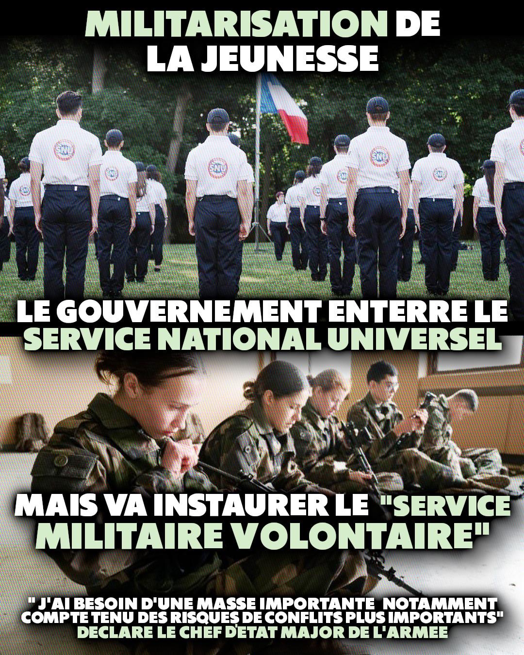Deux images du SNU où des jeunes se tiennent au garde-à-vous devant le drapeau français tandis que d'autres nettoient des fusils militaires : ce sera bientôt pire pour la jeunesse avec le "service militaire volontaire"