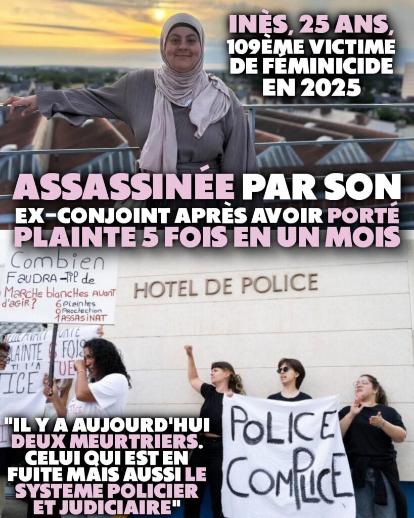 En haut : Inès prend la pose en souriant.
En bas : sa famille réclamant justice devant le commissariat de Poitiers après son assassinat.