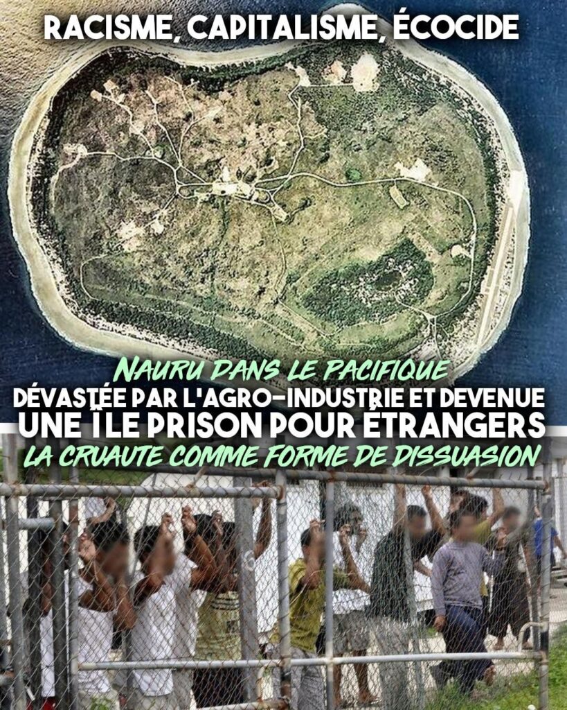 En haut : L'île de Nauru dévastée vue du ciel.
En bas : Des personnes exilées derrière des grillages sur cette même île après avoir été déportées depuis l'Australie.