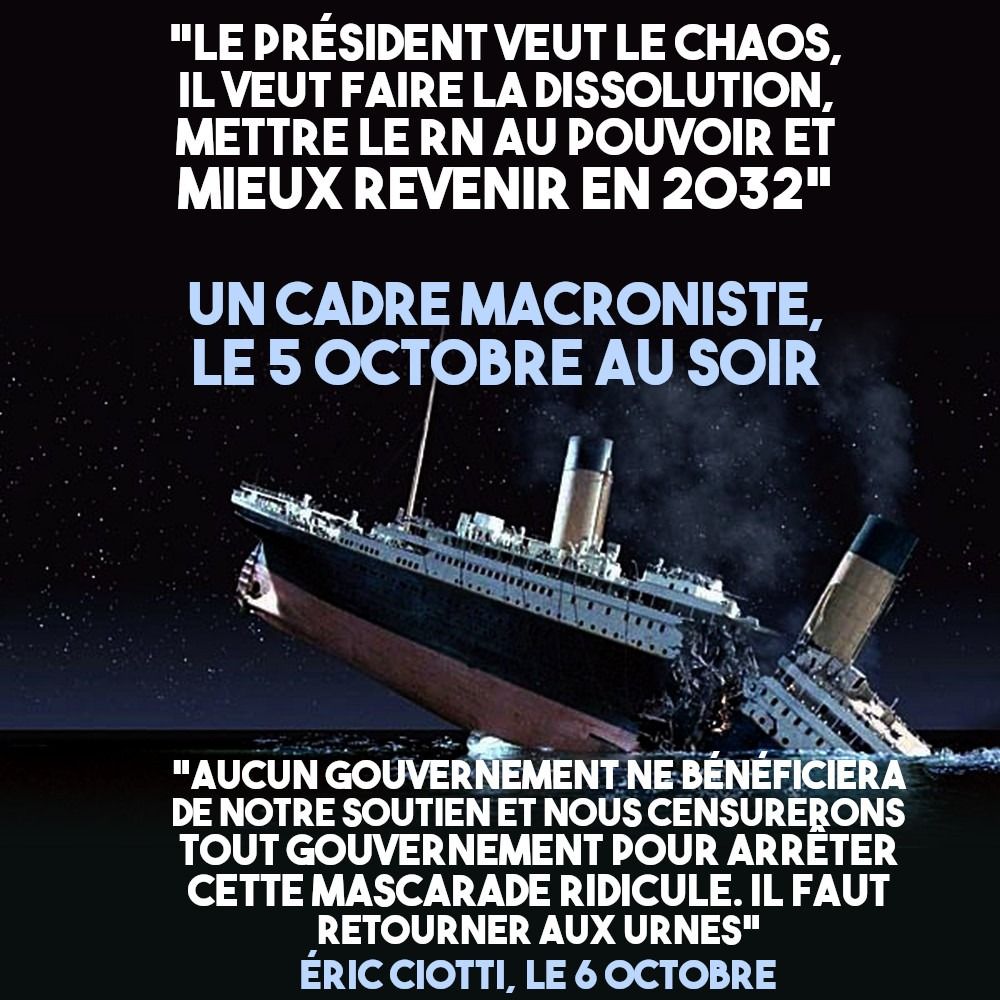 Une image du film Titanic, alors que le bateau est en train de sombrer : une évocation du régime français à son crépuscule.