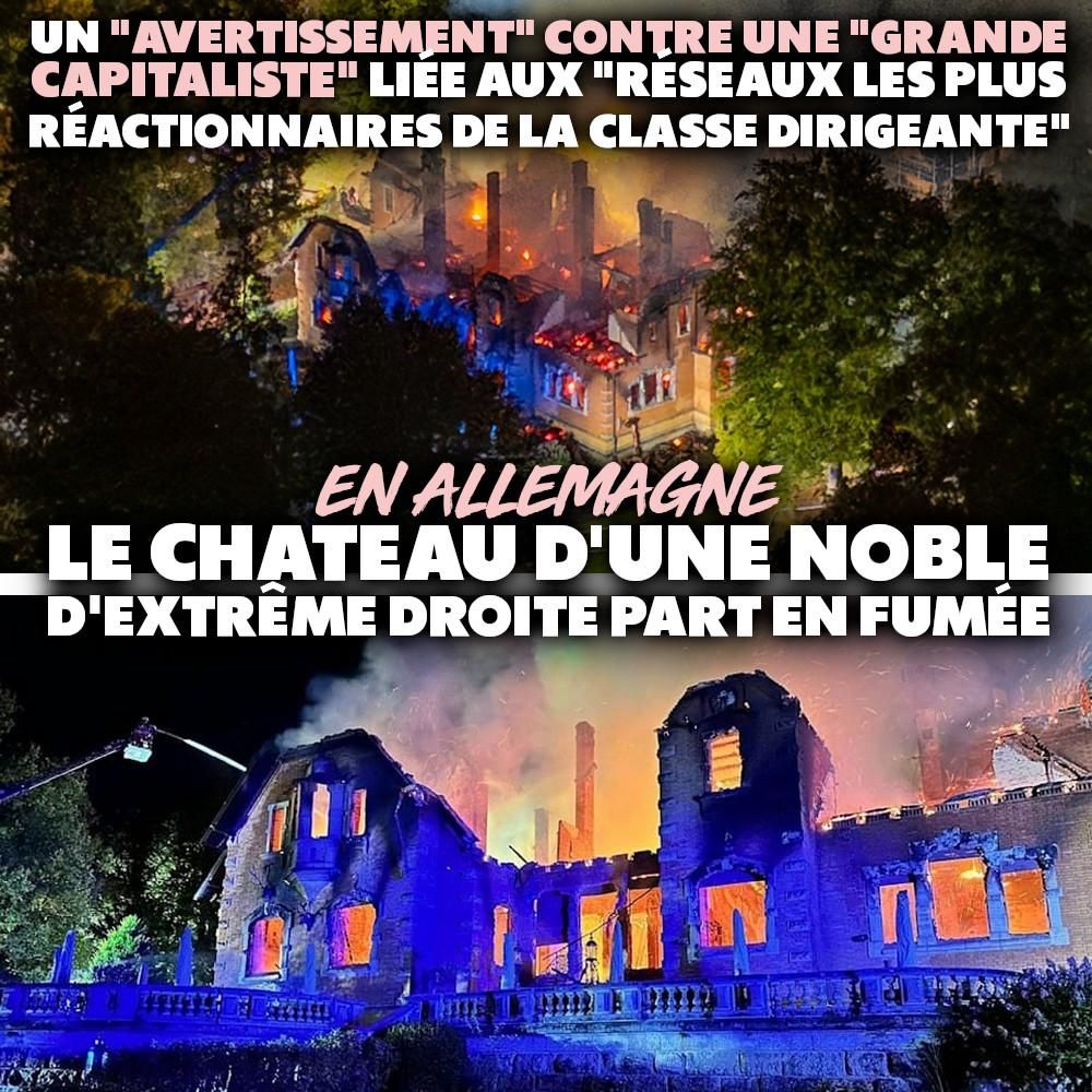Le pavillon de chasse de Thiergarten en proie aux flammes en Allemagne, lors d'une action contre sa propriétaire, l'aristocrate Gloria von Thurn und Taxis.