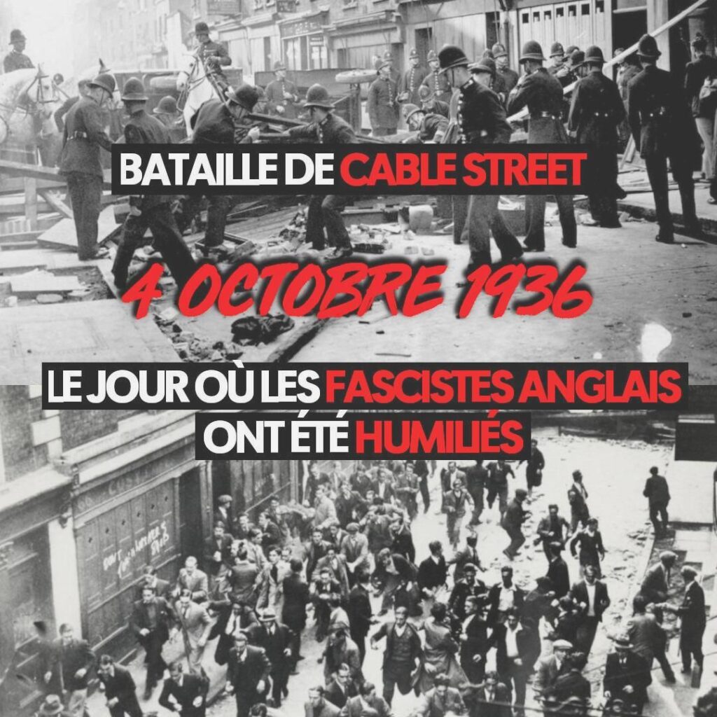 Deux images de la bataille de Cable Street, en 1936 : la police attaquant une barricade et la foule qui accoure pour les repousser.