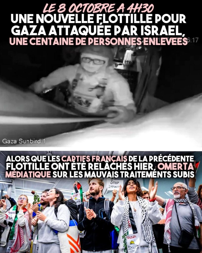 Une image de l'attaque de la dernière flottille par l'armée israélienne, et l'arrivée des personnes relâchées après avoir été attaquées lors de la flottille précédente.