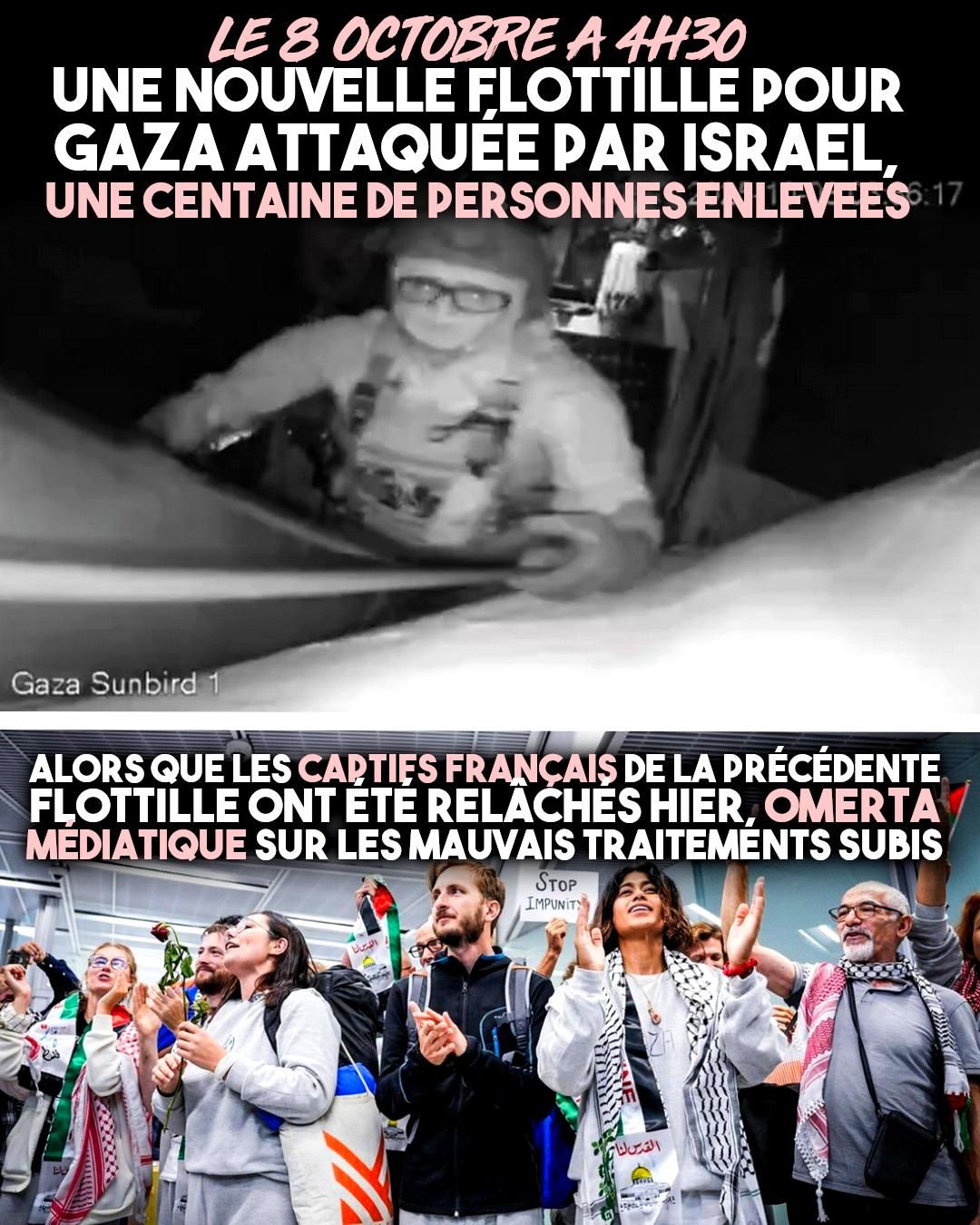 Une image de l'attaque de la dernière flottille par l'armée israélienne, et l'arrivée des personnes relâchées après avoir été attaquées lors de la flottille précédente.