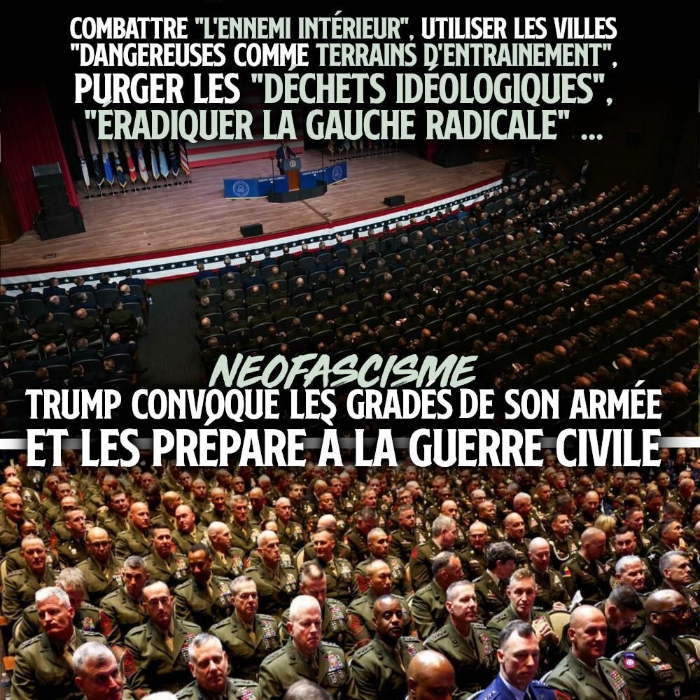 À Quantico, Donald Trump fait un discours devant une foule de gradés pour se préparer à la guerre civile qu'il entend mener.