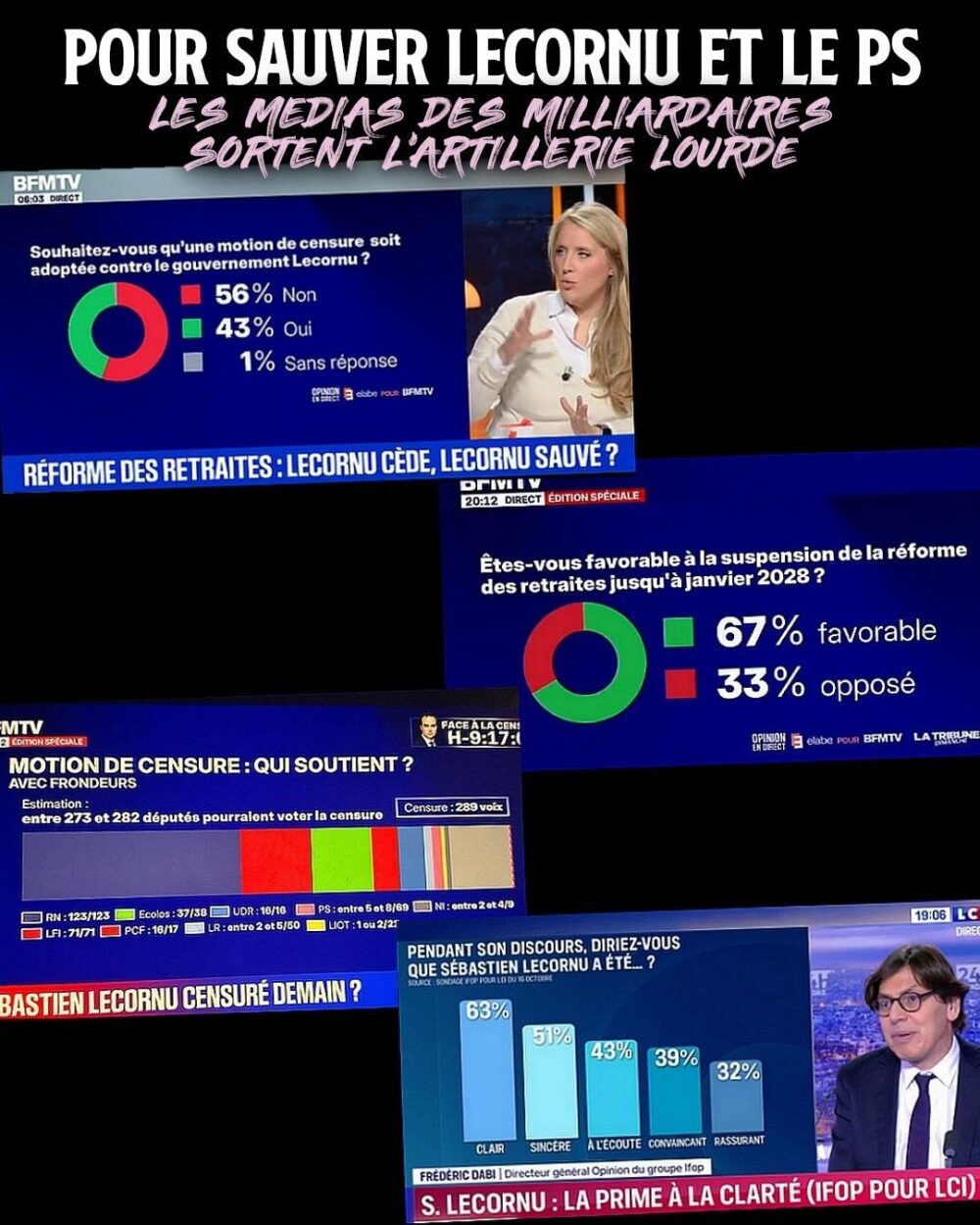 Des manipulations médiatiques grotesques : les médias des milliardaires ont mis le paquet pour donner une belle image de Lecornu et du PS.