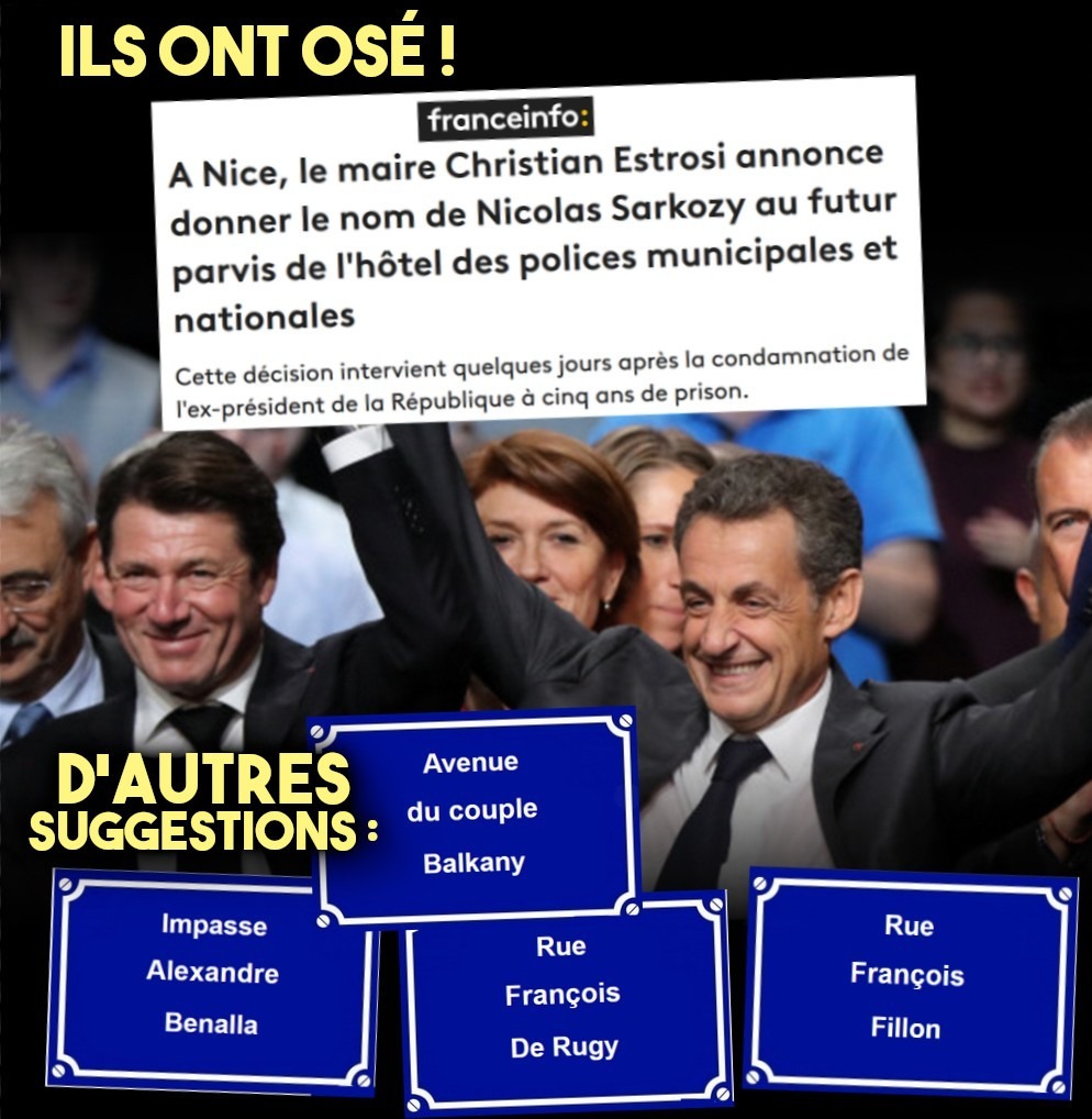 Nicolas Sarkozy lors d'un meeting, à côté de Christian Estrosi, le maire de Nice qui veut nommer une place à son nom.