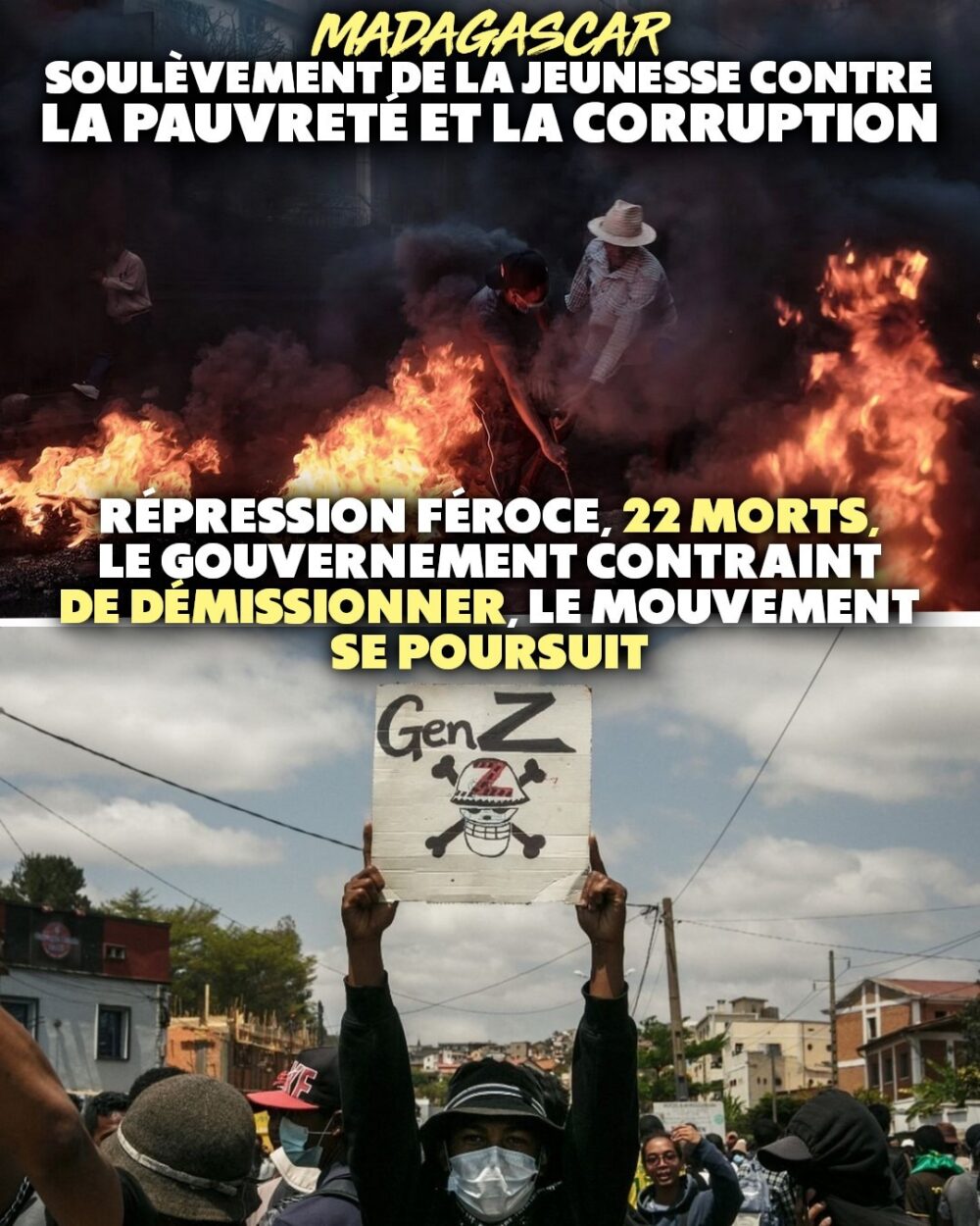 En haut : une barricade flambe à Madagascar. En bas : un manifestant brandit une pancarte "Gen Z" avec un drapeau de One Piece.