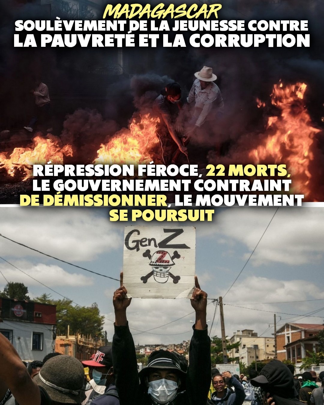 En haut : une barricade flambe à Madagascar. En bas : un manifestant brandit une pancarte "Gen Z" avec un drapeau de One Piece.