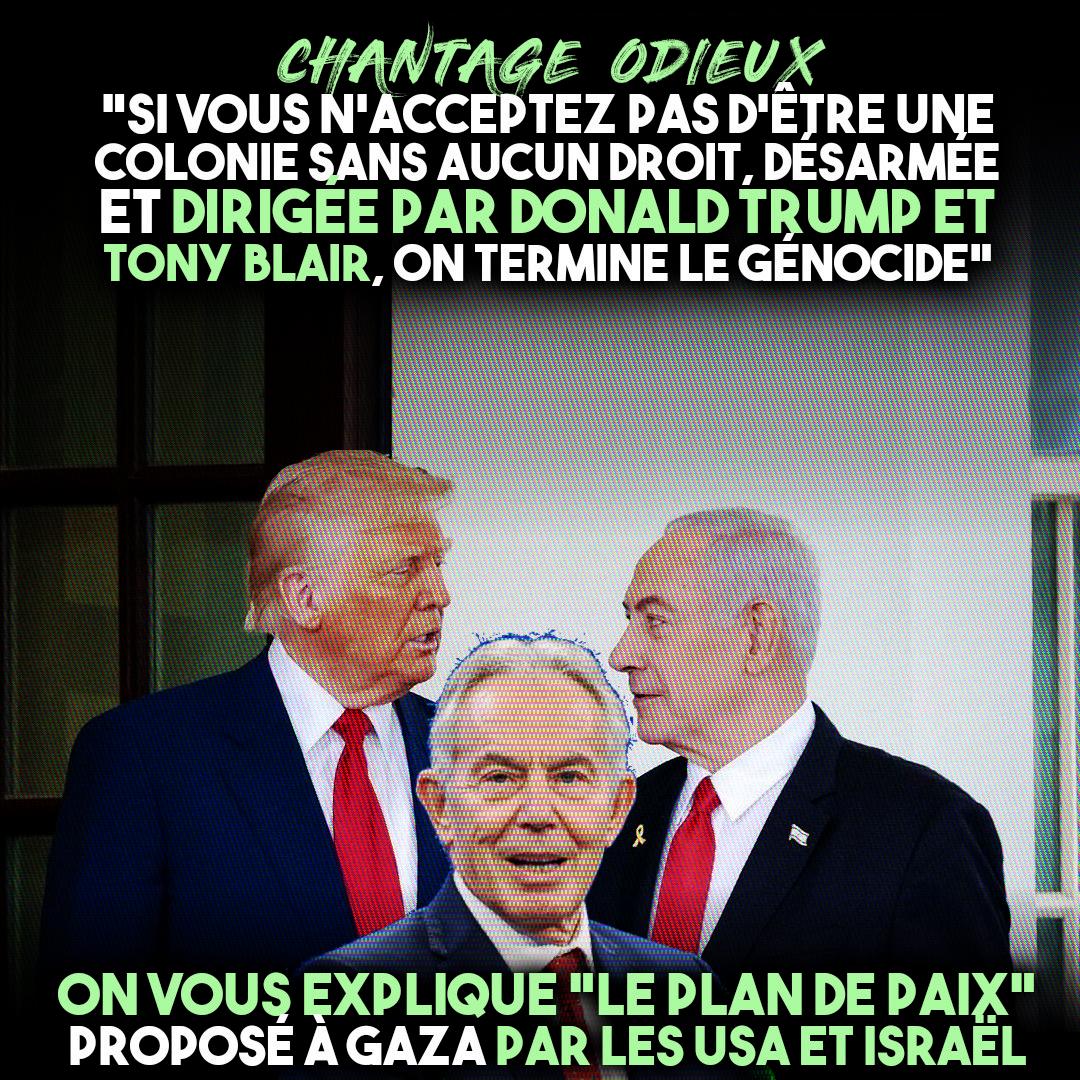 Trump, Netanyahou et Tony Blair : trois artisans du "Plan pour la paix" qui vise à rendre le peuple palestinien responsable de son propre génocide.