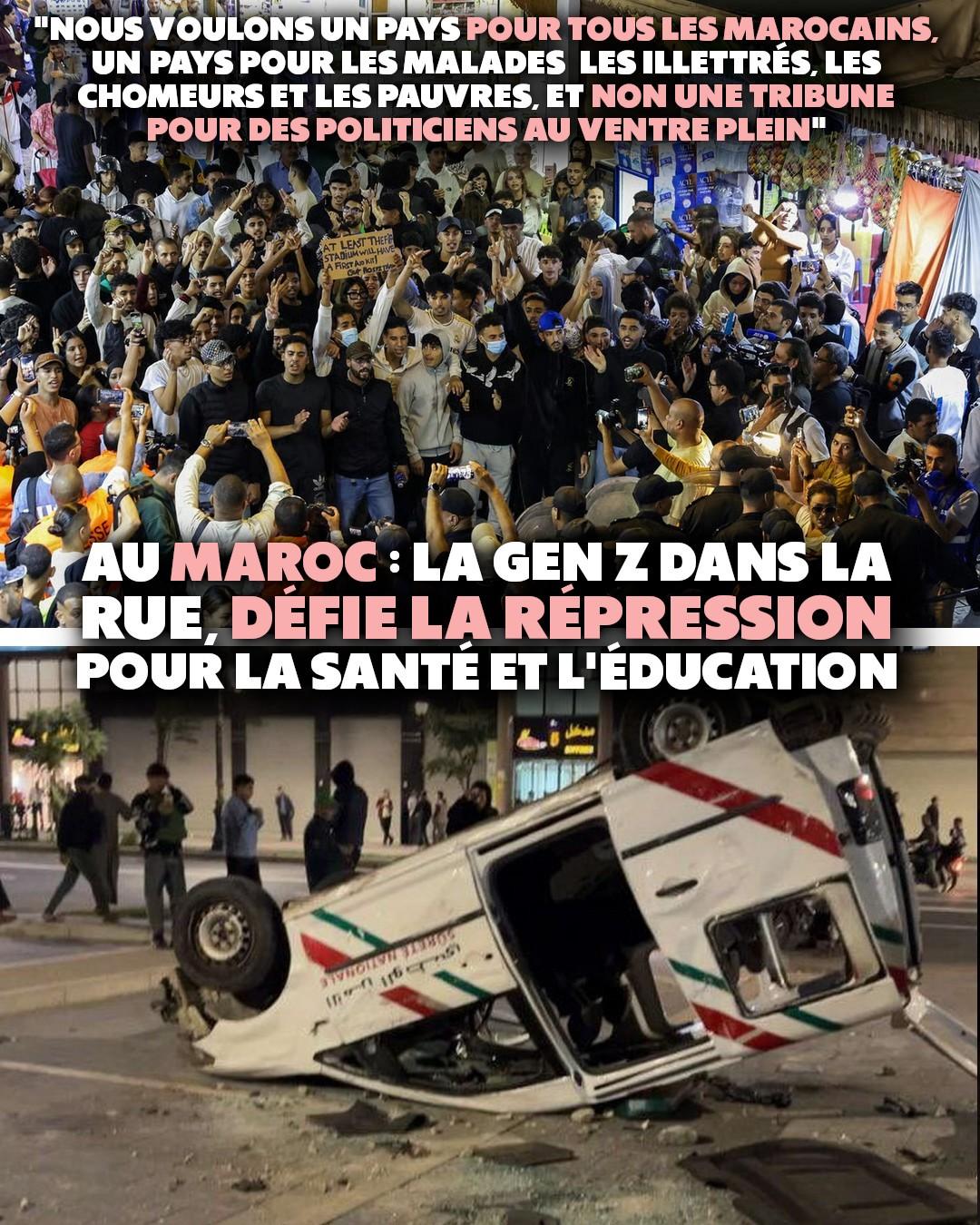 En haut : une foule de jeunes manifestent au Maroc. En bas : une voiture de police marocaine renversée après le passage d'une manifestation de la Gen Z.