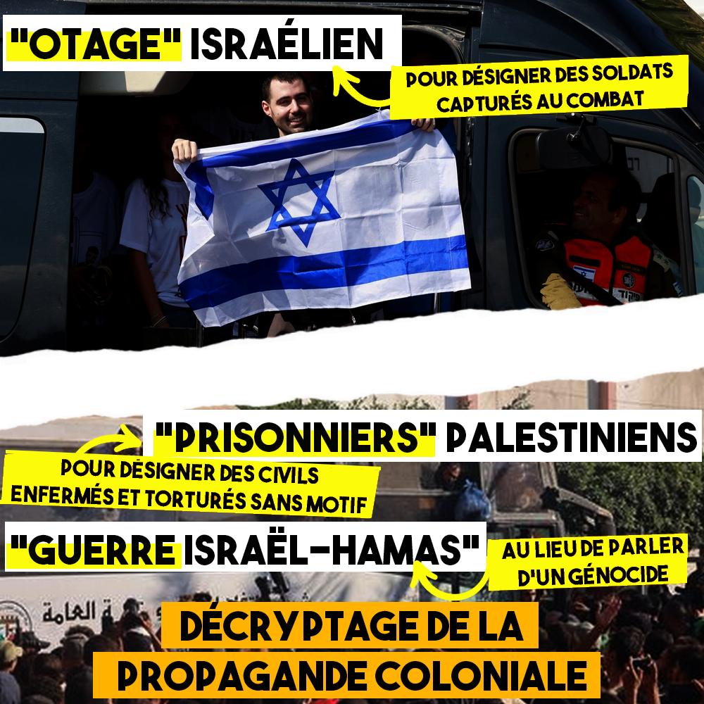 En haut : un "otage" israélien libéré après le cessez-le-feu En bas : des "prisonniers" palestiniens libérés, alors qu'il s'agit en réalité majoritairement de civils enfermés et torturés sans motif.