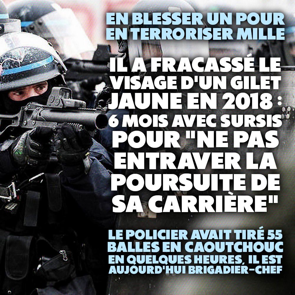 Un policier ajuste son tir de LBD, sachant pertinemment quelles conséquences aura son acte : "en mutiler un pour en terroriser mille".