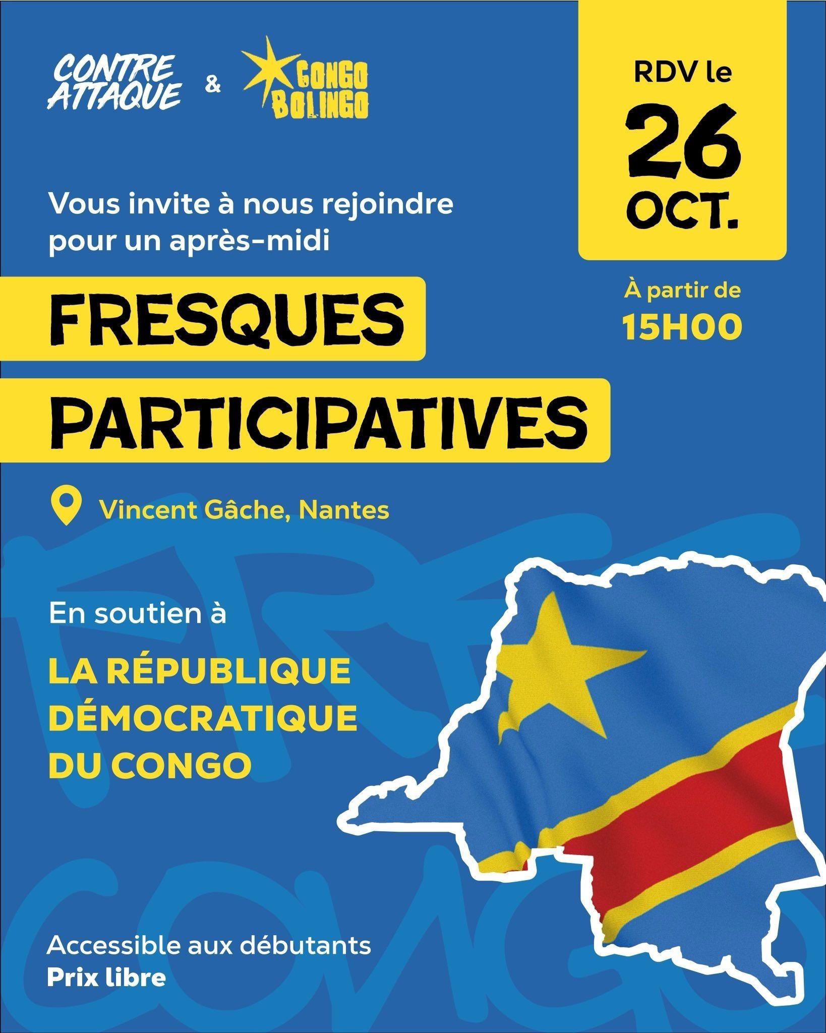 Contre Attaque et Congo Bolingo vous proposent de se retrouver sur les berges de Vincent Gâche à Nantes, ce dimanche 26 octobre, pour réaliser des fresques en soutien à la République Démocratique du Congo qui subit un véritable désastre humanitaire.