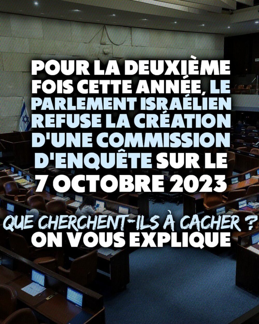 Mercredi 22 octobre à la Knesset, le parlement israélien. Tous les membres issus de la coalition au pouvoir ont voté contre l'ouverture d'une enquête parlementaire sur le 7 octobre.
