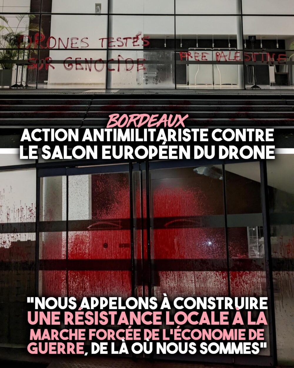 La façade du salon du drone repeinte en rouge à Bordeaux.