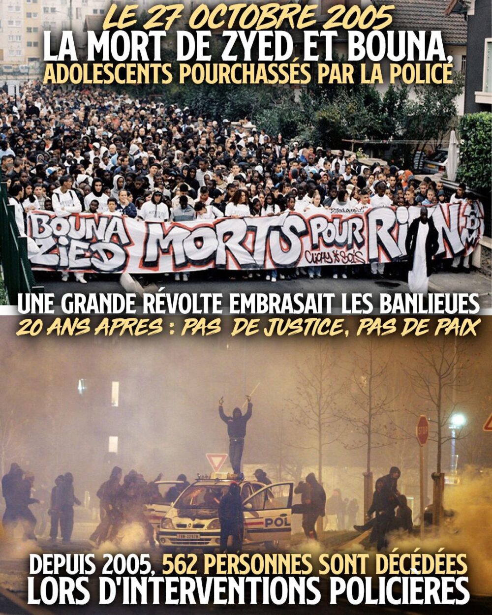 En haut : marche blanche pour Zyed et Bouna en 2005. En bas : un révolté monté sur le toit d'une voiture de police.