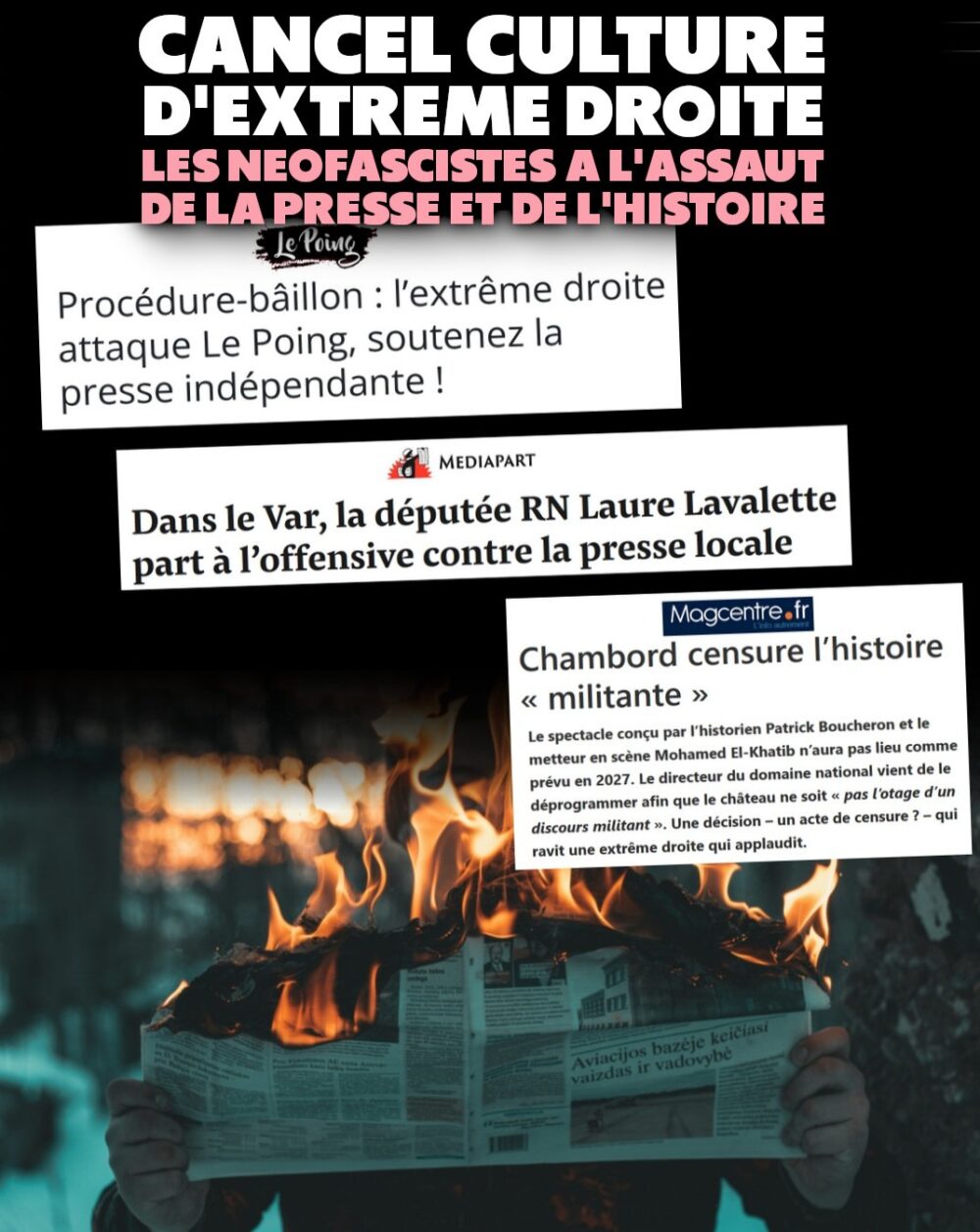 Un journal qui brûle, symbole des procédures-baillons : comment l’extrême-droite impose l’hégémonie de son discours à coups d’intimidations