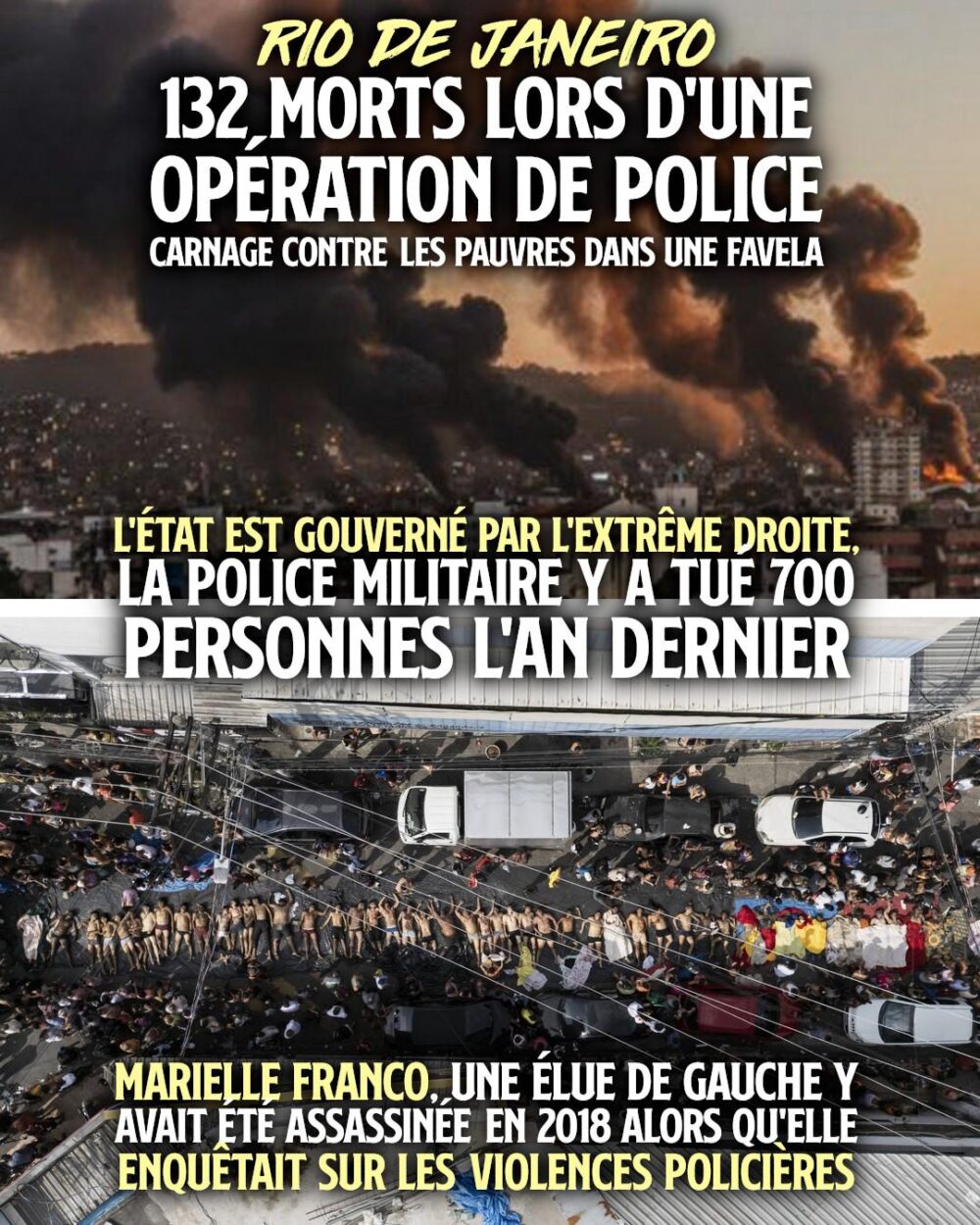 Une favela de Rio de Janeiro, au Brésil, semble en guerre : immeubles en feu et cadavres alignés dans les rues.