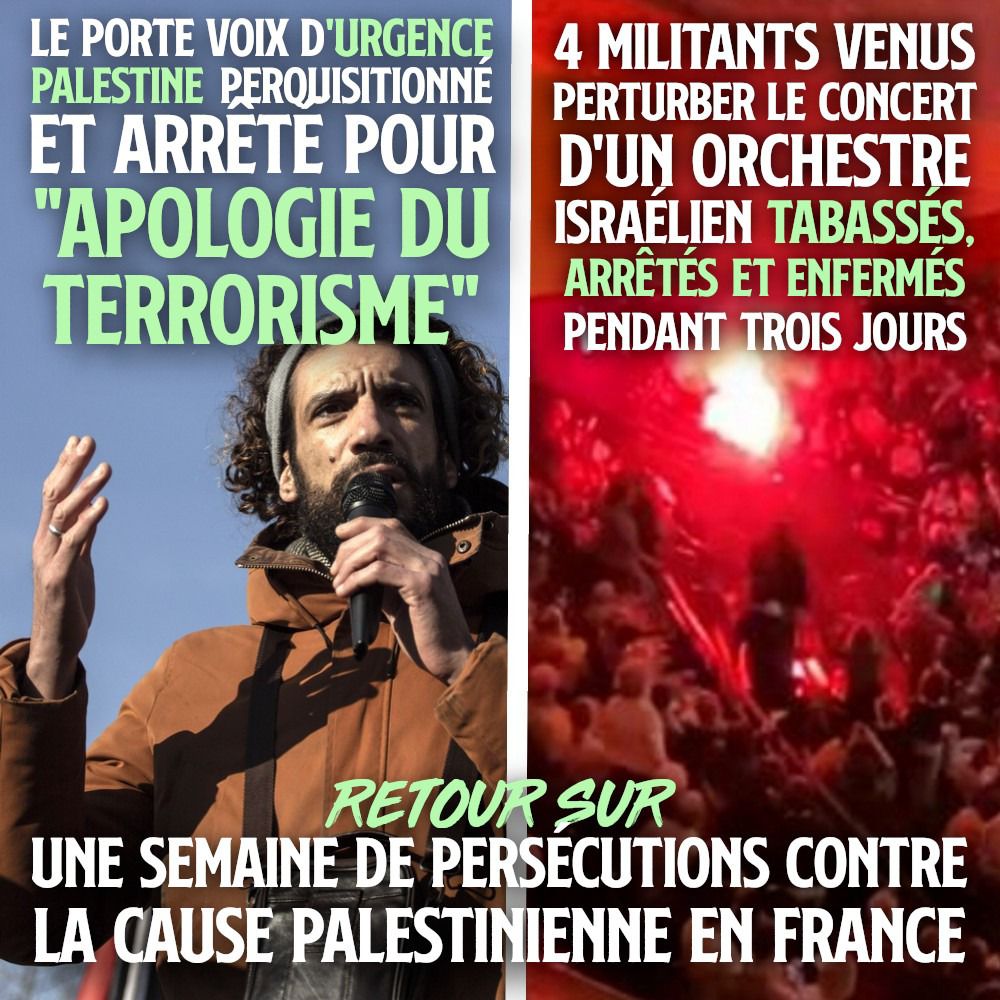 À gauche : Omar Alsoumi, porte-parole d'Urgence Palestine poursuivi pour "apologie du terrorisme".
À droite : un fumigène allumé pour la Palestine vaut à trois personne d'être tabassée à la Philharmonie de Paris.