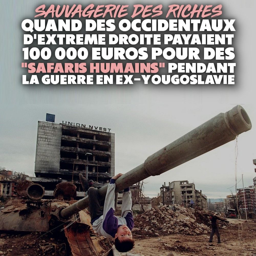 Un enfant joue au "cochon-pendu" sur le canon d'un char d'assaut dans les ruine de Sarajevo.