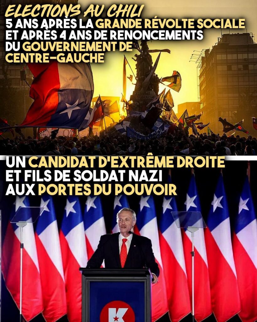 En haut : le Chili lors du grand soulèvement populaire de 2019.
En as : Antonio Kast, candidat d'extrême droite aux portes du pouvoir.
