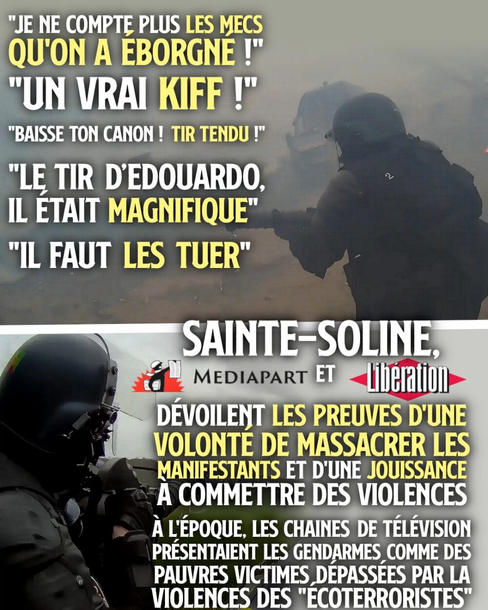 Les gendarmes en action pendant la bataille de Sainte-Soline : un massacre d'écologistes avec le sourire.