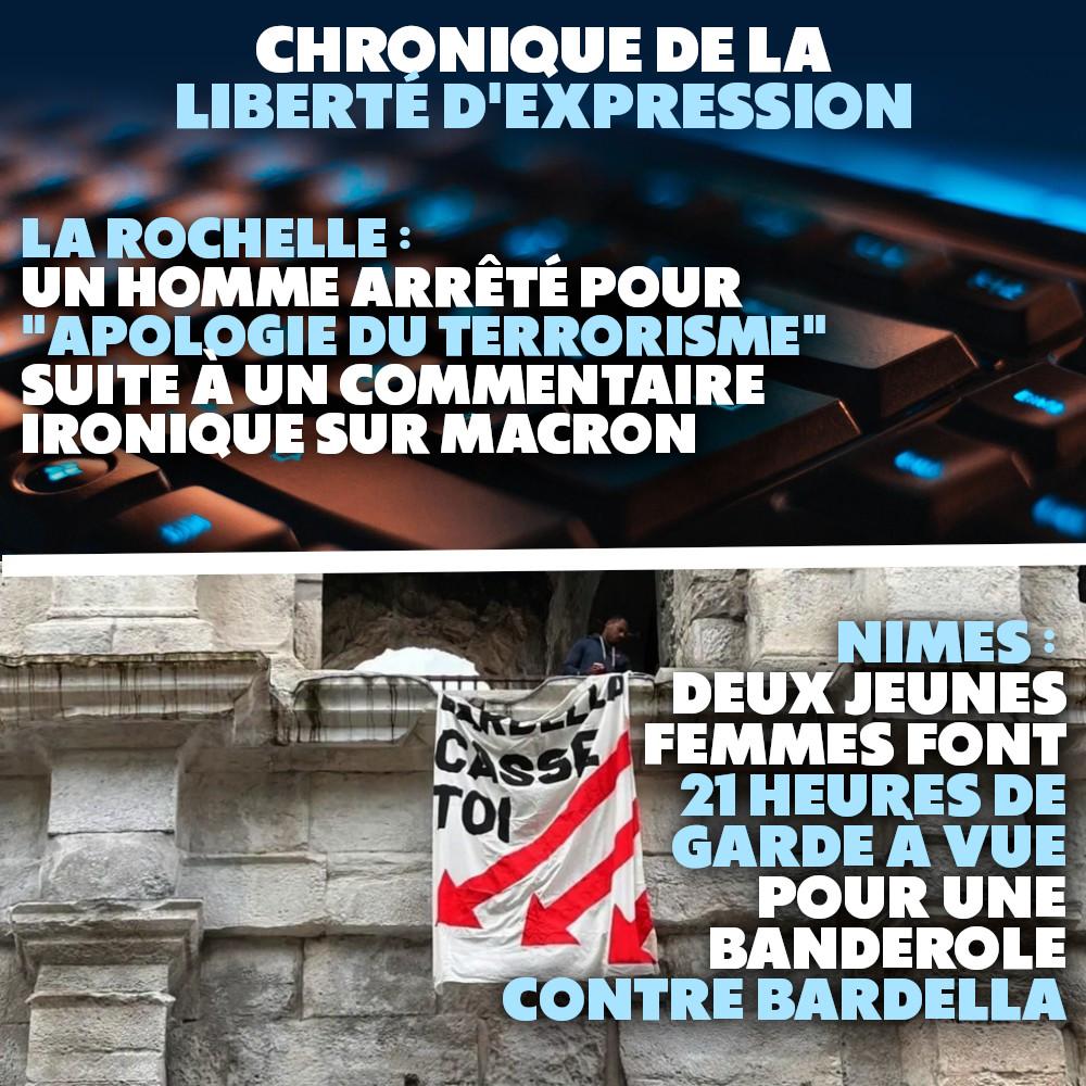 En haut, un clavier d'ordinateur pour illustrer le commentaire envoyé sur Macron. En bas : la banderole "Bardella casse-toi" déployée dans les arènes de Nîmes.