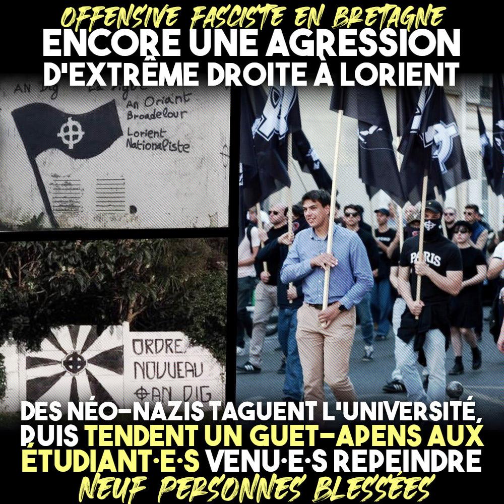 Brieg Luz défilant avec un drapeau à croix celtique pour le 9 mai et les tags de ses amis fascistes à l'université de Lorient.