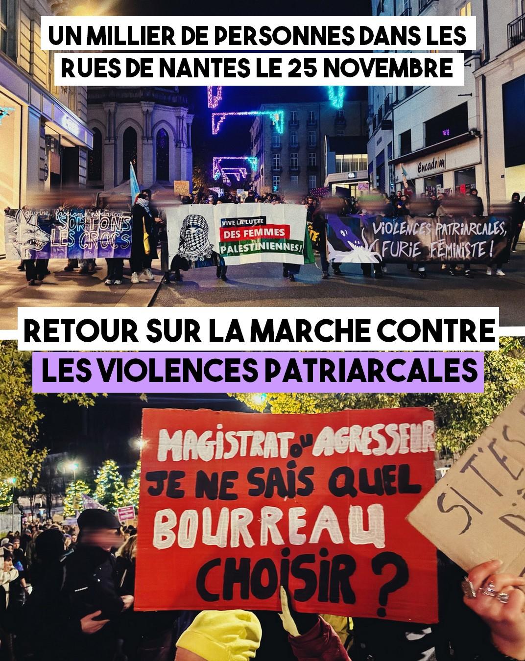 Trois banderoles en tête de la manifestation contre les violences patriarcales ce 25 novembre à Nantes.