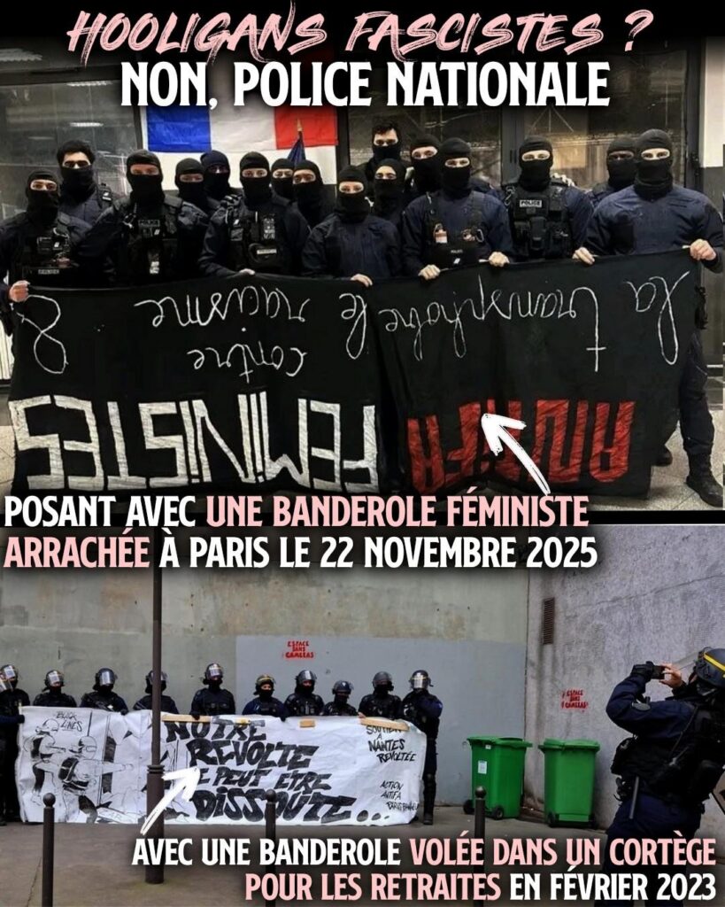 Une photo de policiers posant cagoulés devant un drapeau français et tenant une banderole de féministes antifascistes renversée tels des hooligans.
