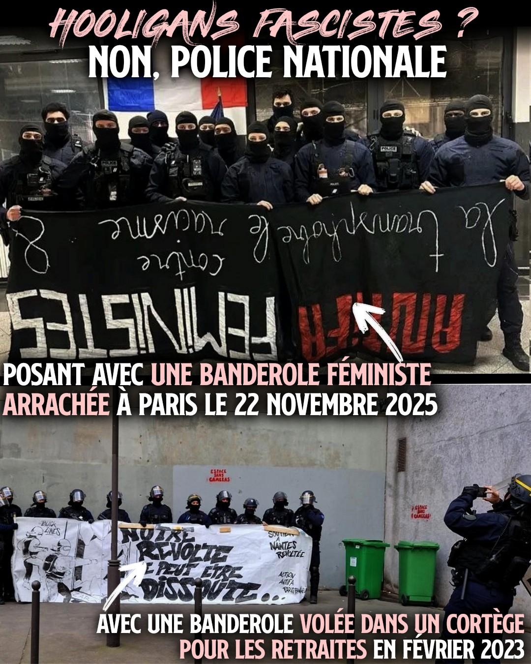 Une photo de policiers posant cagoulés devant un drapeau français et tenant une banderole de féministes antifascistes renversée tels des hooligans.