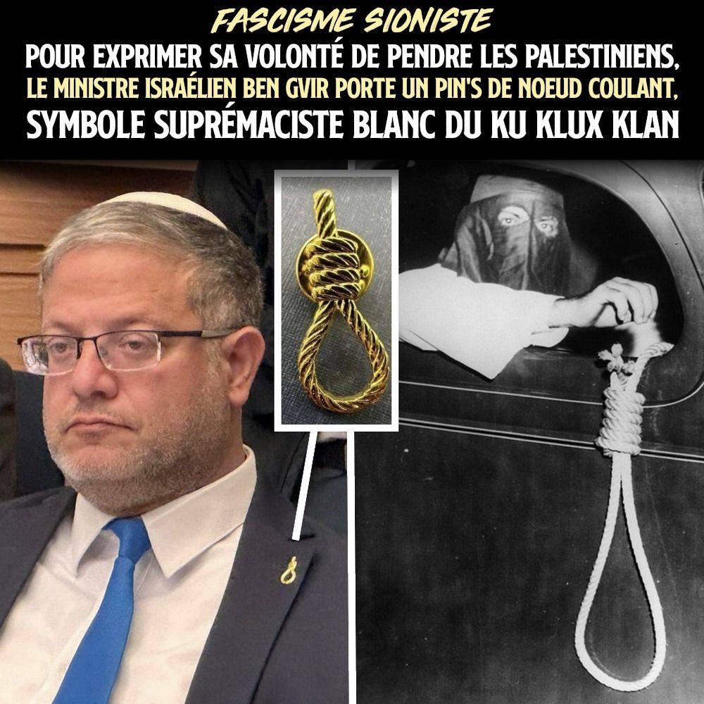 Itamar Ben Gvir arborrant un pin's représentant un nœud coulant, véritable hommage au Ku Klux Klan.