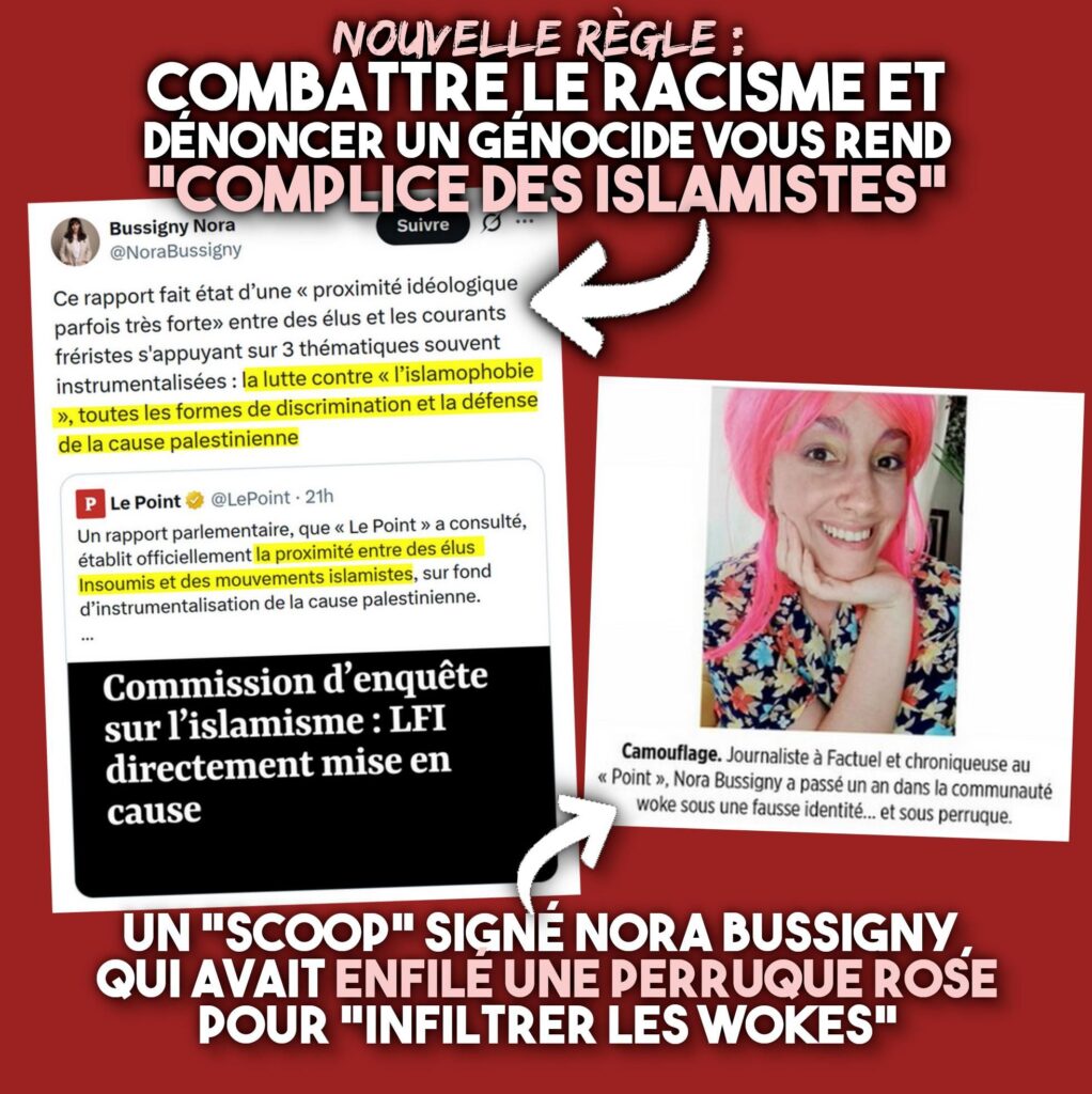 L'article du Point sur la lutte contre l'islamophobie qui serait de l'islamisme, et Nora Bussigny coiffée d'une perruque rose pour infiltrer les wokistes.