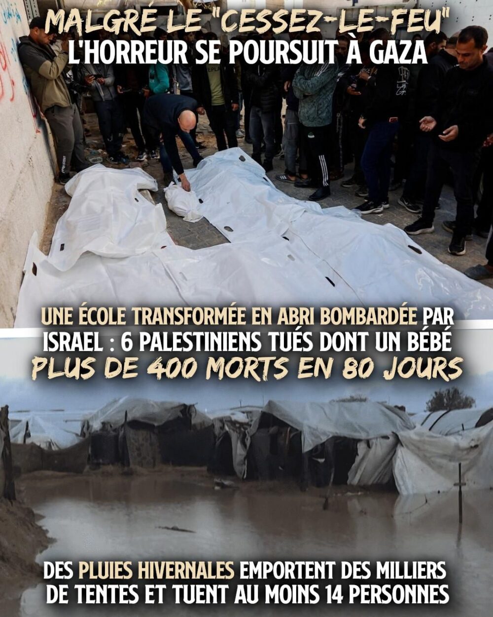 En haut : des corps alignés après le bombardement d'une école servant d'abri à Gaza. En bas : des tentes inondées après le passage de la tempête Byron.