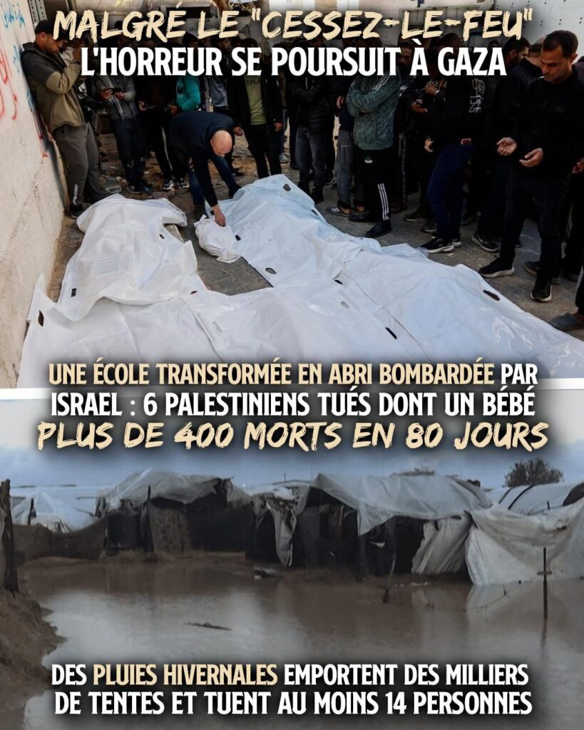 En haut : des corps alignés après le bombardement d'une école servant d'abri à Gaza.
En bas : des tentes inondées après le passage de la tempête Byron.
